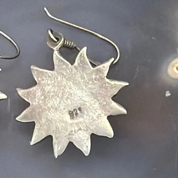Vintage 925 Sterling Silver Smiling Sun Face Sunburst Dangle Drop Boho Earrings - Picture 7 of 9